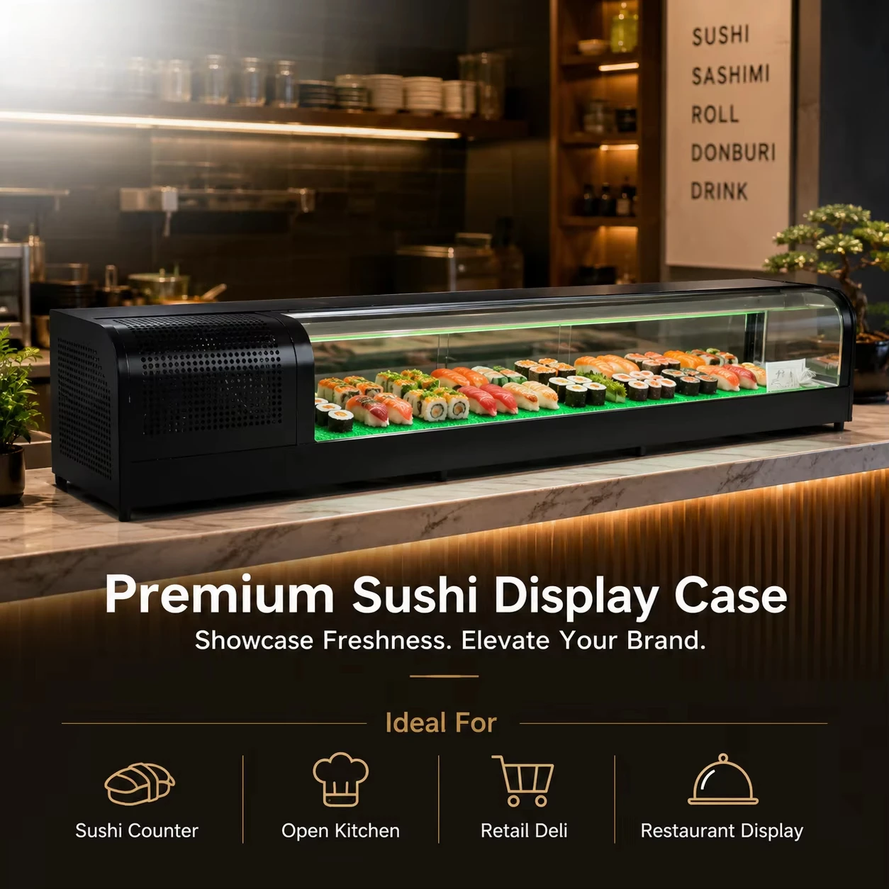 Countertop Sushi Display Refrigerator - Curved Glass Commercial Sushi Case for Japanese Restaurants