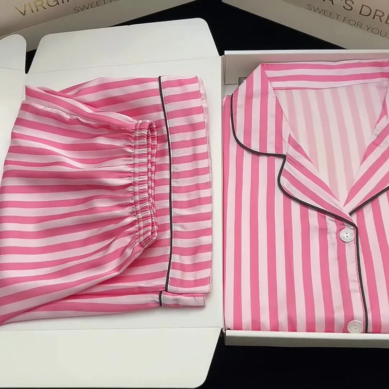 Large Size Women's Pajamas Set Short-Sleeved Short Homewear Student Cardigan Striped Pink Sleepwear Girl Comfortable Soft 2