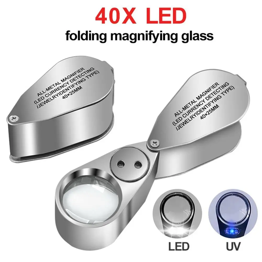 40x 25mm LED Luminous Foldable Magnifier Portable Handheld Metal Jewelry Magnifying Glass With Led Uv Lamp Currency Detecting