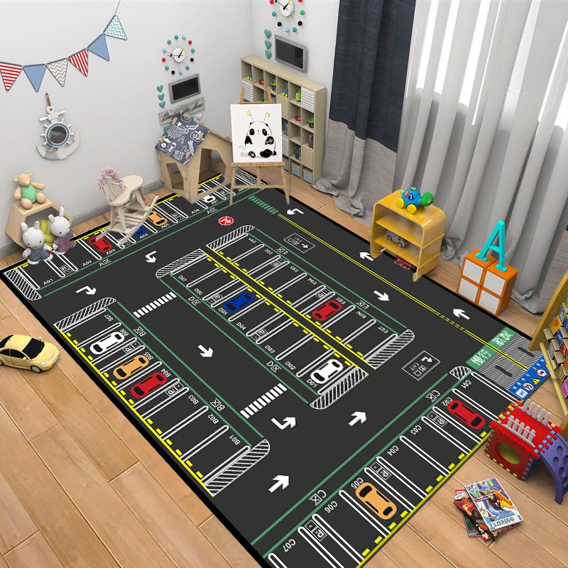 Interactive Cartoon Race Track Rug Playful Car Design Floor Mat for Kids Bedroom Living Room Educational Game Carpets Game Room