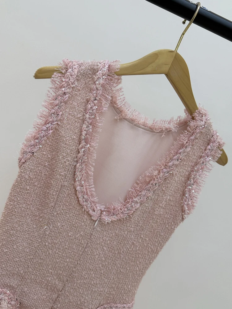 Self-portrait Summer Fashion Party Tweed Elegant Mini Dress Women's Sequins Weaving O-Neck Sexy Backless High Waist Short Dress view 6