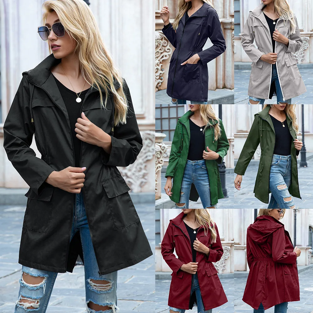 Womens Light Rain Jacket Waterproof Active Outdoor Trench Raincoat with Hood Ladies Lightweight Windproof Windbreaker