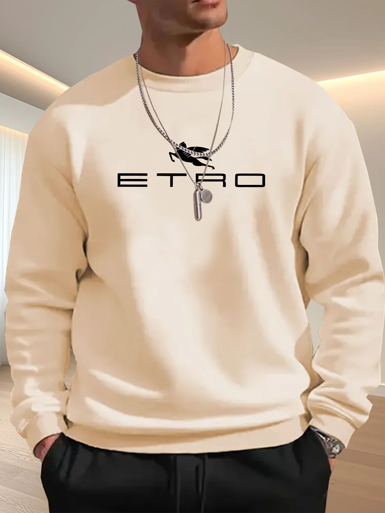 سويت شيرت رجالي كاجوال فضفاض مع طباعة جرافيك ETRO - بلوفر برقبة دائرية باللون البيج #2