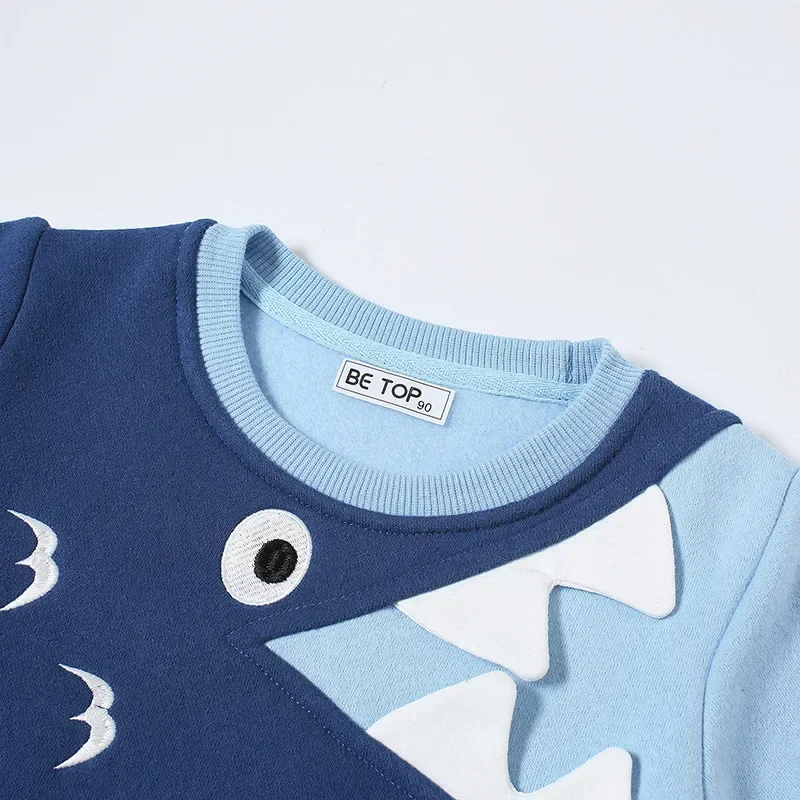 TUONXYE Winter Boys Long Sleeve Sweatshirts Velvet Cute Cartoon Shark Embroidery Soft  Cotton Baby Children's Pullover Clothes