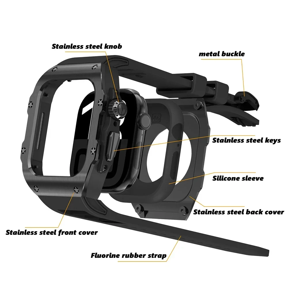 Kit di modifica di lusso per Apple Watch 10 46mm 42mm Custodia in acciaio inossidabile con fibbia a farfalla per Iwatch Ultra2 1 49mm Fluororubber