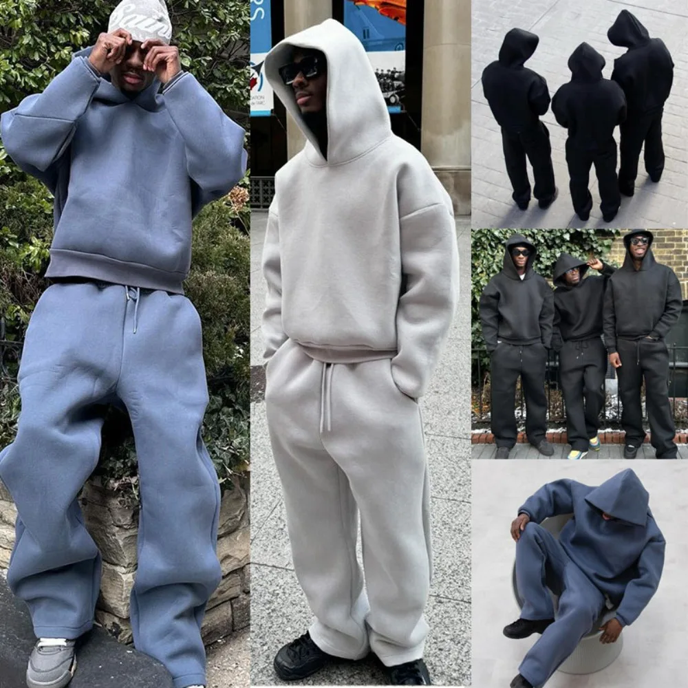 2025 European and American Casual Simple Couple Hoodie Solid Color Loose Sweatshirt Sweatpants Sports Suit