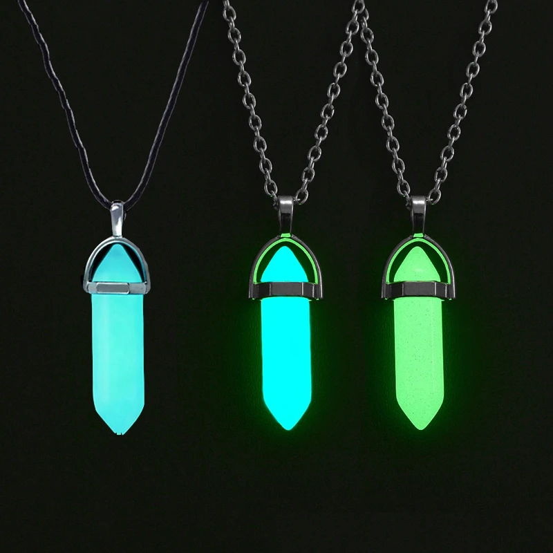 Dark Luminous Stone Fluorescent Hexagonal Column Necklace Natural Crystal Glowing In Bullet Pendant Leather Fashion Jewelry Gift