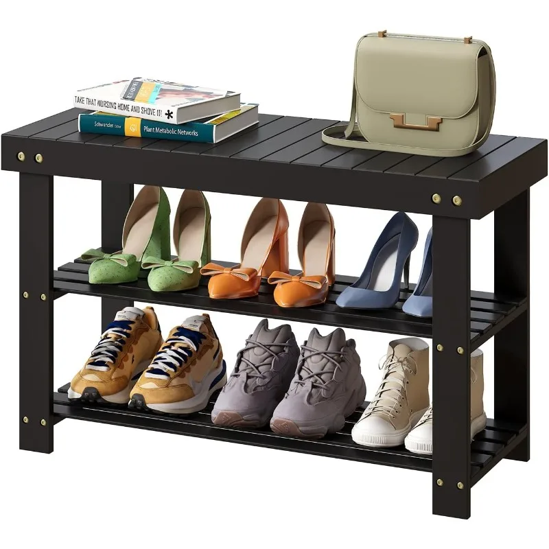 Bamboo Shoe Rack Bench, 3 Tier Sturdy Shoe Bench, Storage Shoe Organizer, Holds up to 330lbs