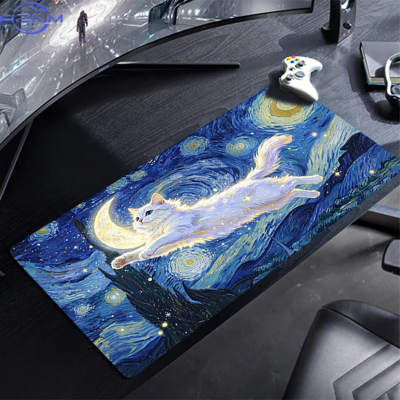 Starry Night Cat Mouse Pad Waterproof Non‑Slip White Cat Flying Over Crescent Moon Impressionist Art Mousepad for Gaming