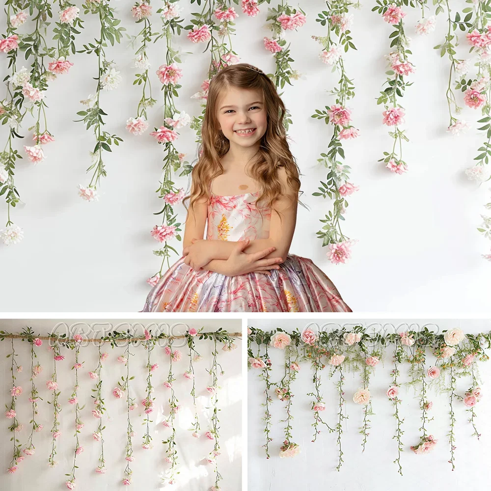 

Spring Photography Backdrop Flowers Sticks Pink Beige Vintage Delicate Simplicity Baby Birthday Portrait Background Photo Studio