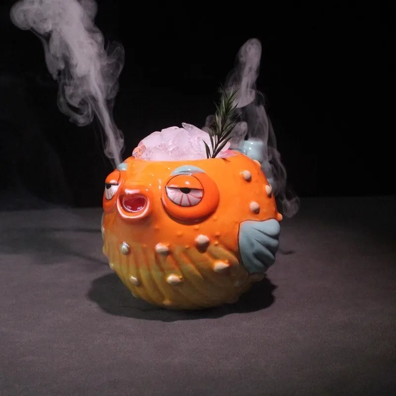 600ml Ceramic Tiki Pufferfish Shaped Cocktail Glass with Ventilation Hole Funny Hawaiian Tropical Party Cup for Bar Decor view 2