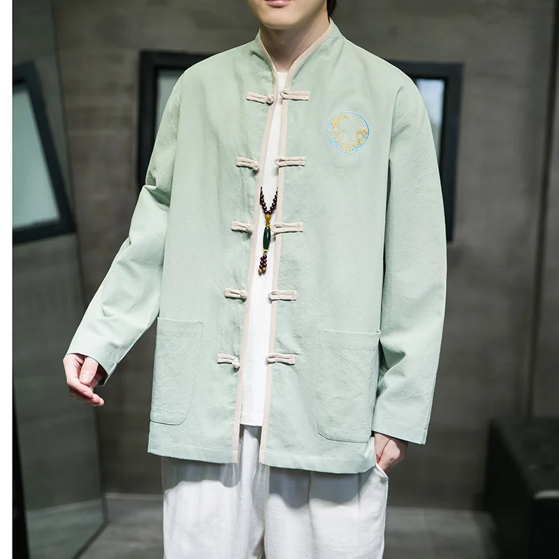 

2022 Chinese Style Embroidery Cotton Linen Tang Suit Retro Plus Size Jacket Spring Autumn Tai Chi Kung Fu Clothing Hanfu Men