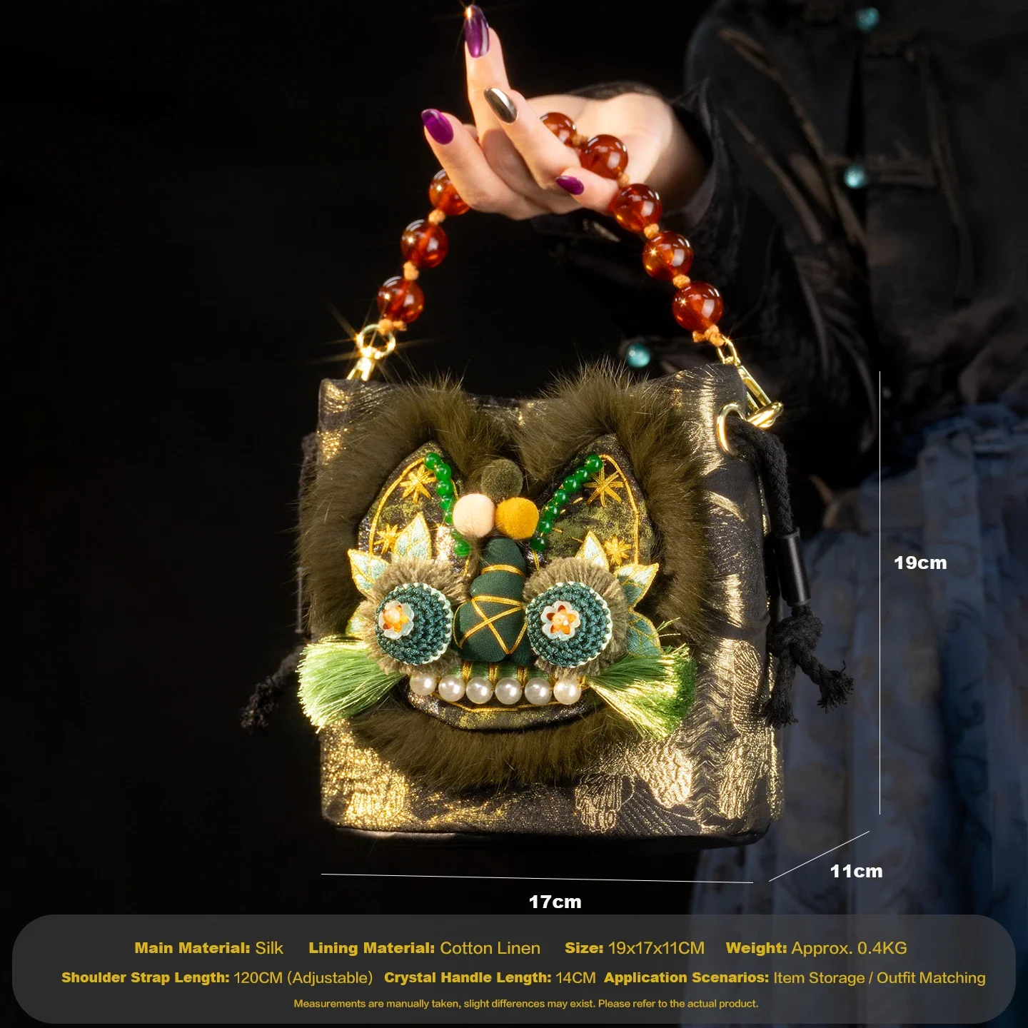 Ethnic Style Women Crossbody Bag 3D Embroidery Drawstring Bucket Bag Retro Silk Jacquard Fur Pearl Purse for Qipao Daily Party - view 5