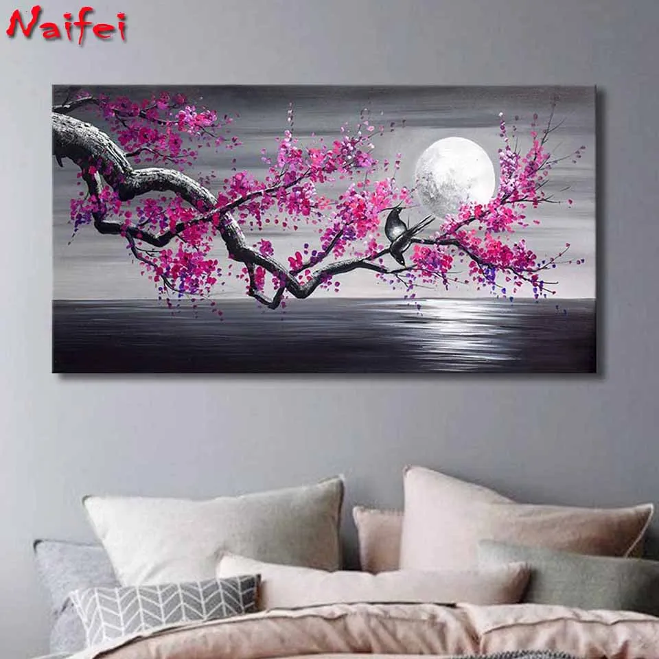 Plum Blossom Tree Full Moon Purple Flower 5d pittura diamante fai-da-te grande galleria avvolto paesaggio floreale in bianco e nero