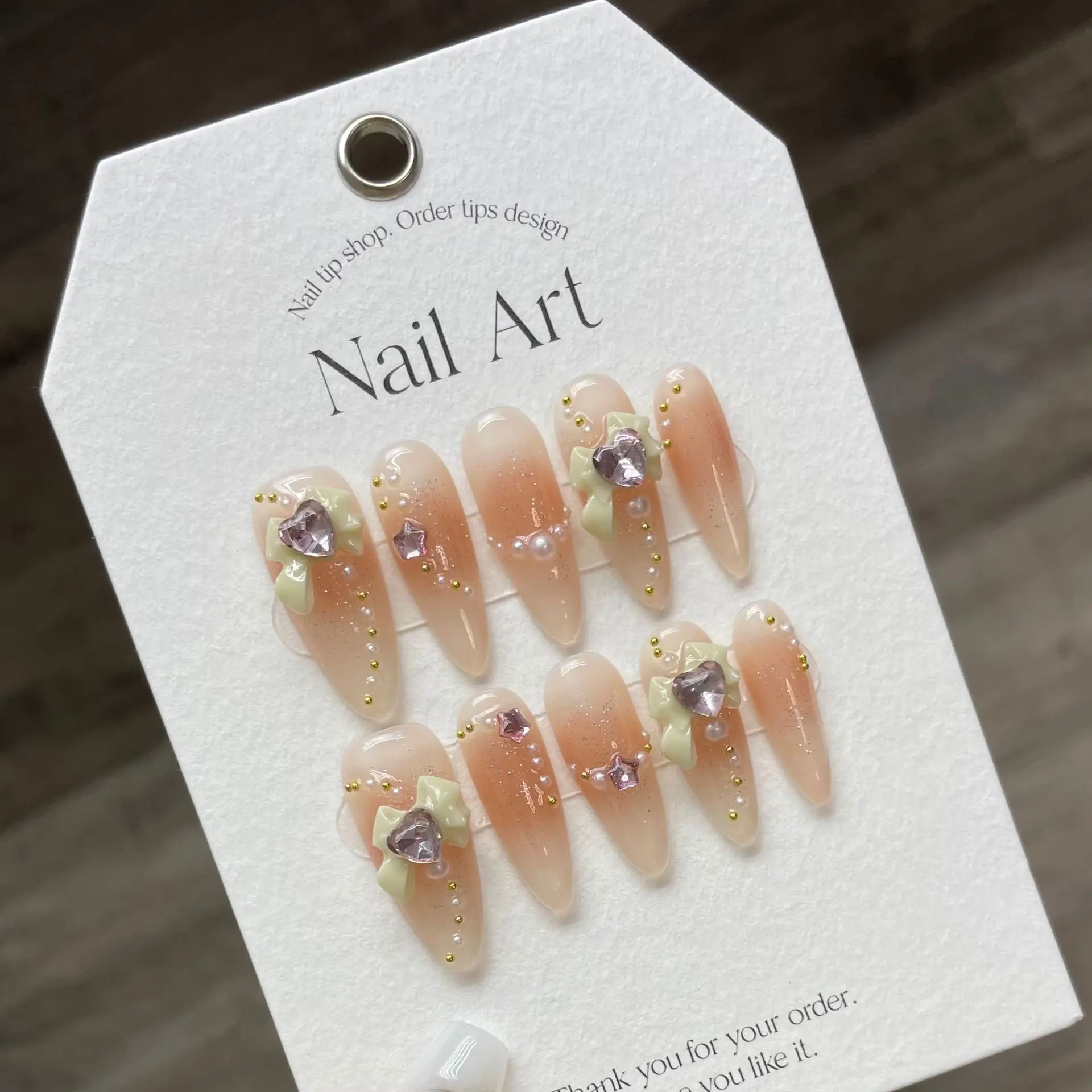 

10Pcs Blush Pink Long Almond Press on Nails Sparkling Diamond Heart Bow Glitter French Nail Tips Art Sweet Handmade Nails Tools