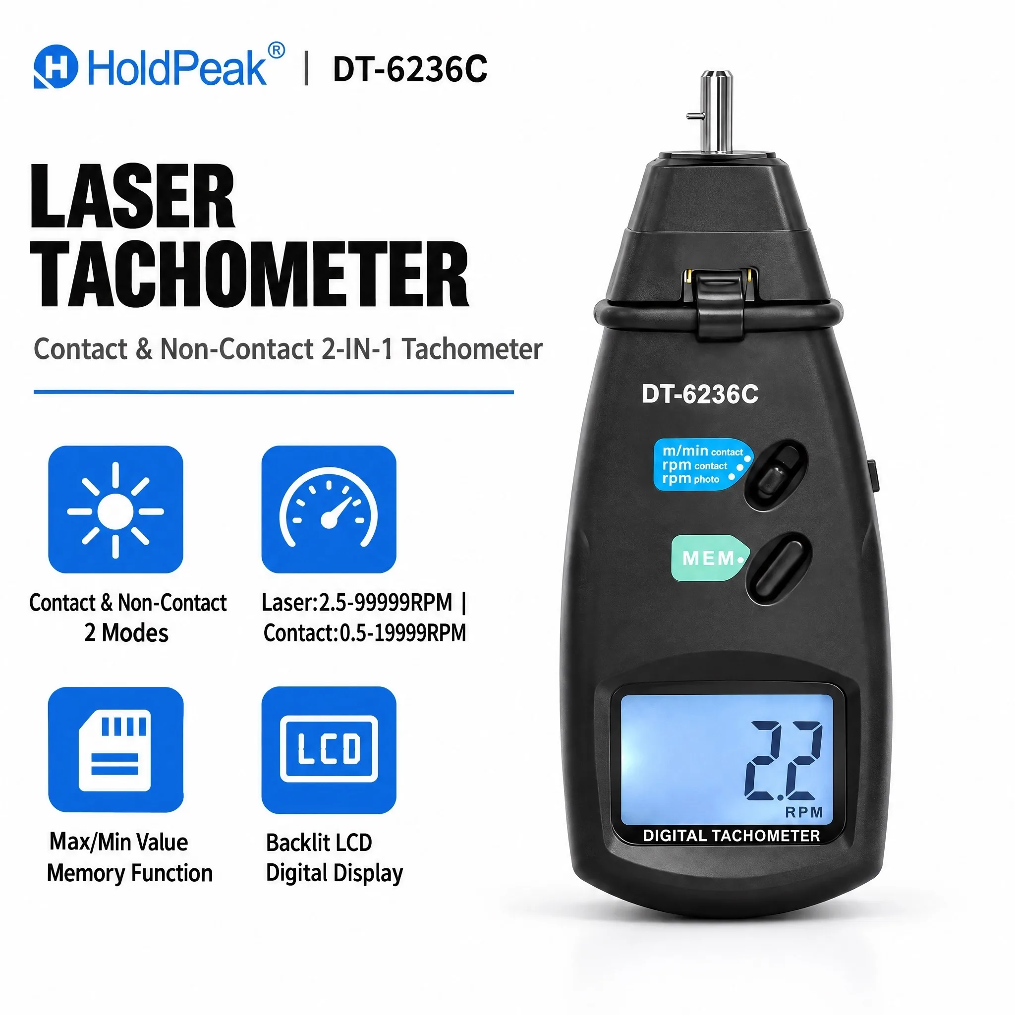 HoldPeak Contact & Laser Tachometer 2.5-99999RPM ±0.05% Accuracy Surface Speed Data Memory Industrial Motor RPM Gauge