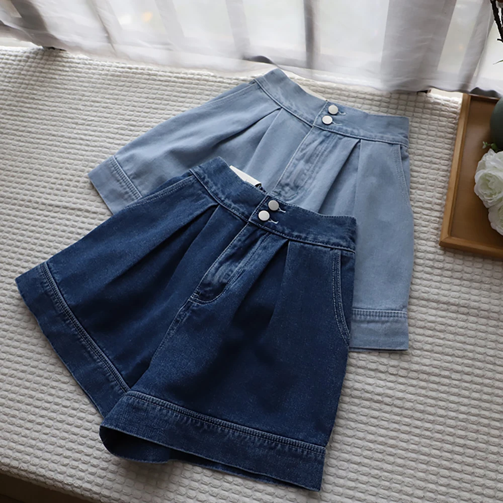 

Women A-line Denim Shorts Summer 2025 New Thin High Waist Wide Leg Shorts Jeans Female Casual Loose Double-Button Hot Pants