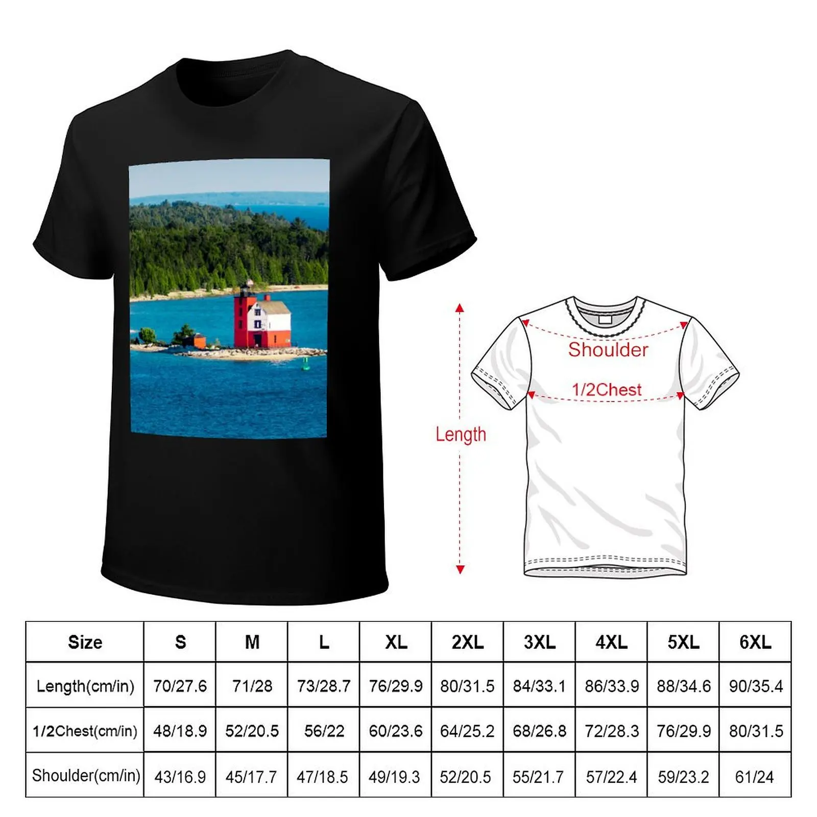 Round Island Light watching over Lake Michigan on Mackinac Island T-Shirt Vintage Print Crew Neck Tee