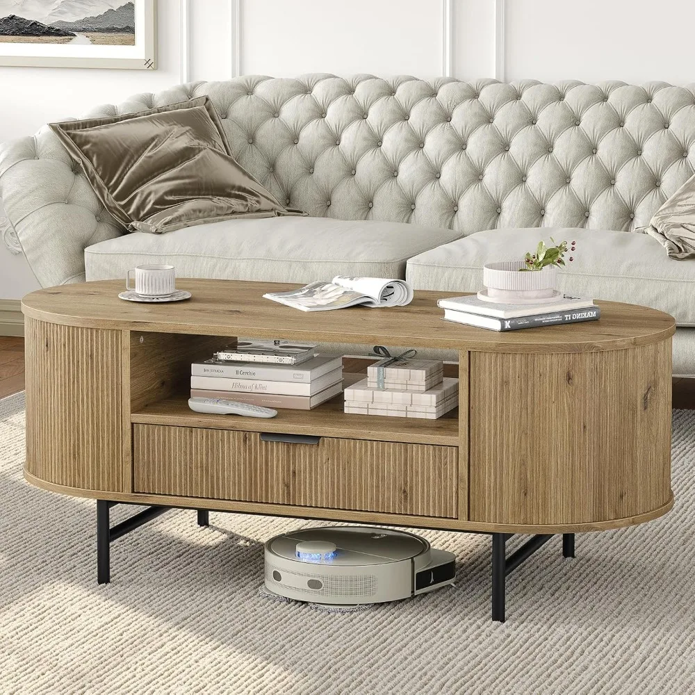 

47.3'' Fluted Coffee Table with Storage, Oval Round Coffee Table with Large Drawer Curved Center Table Modern Wood