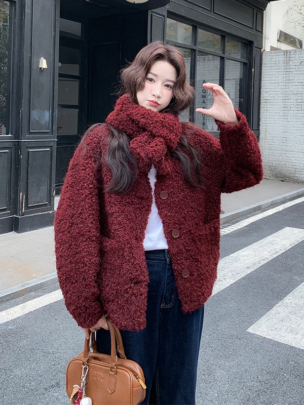 

Red Lamb Fur Jacket Women's Short Style Autumn Winter Thickened Lamb Velvet Leather And Fur Integrated Casual Loose Fit