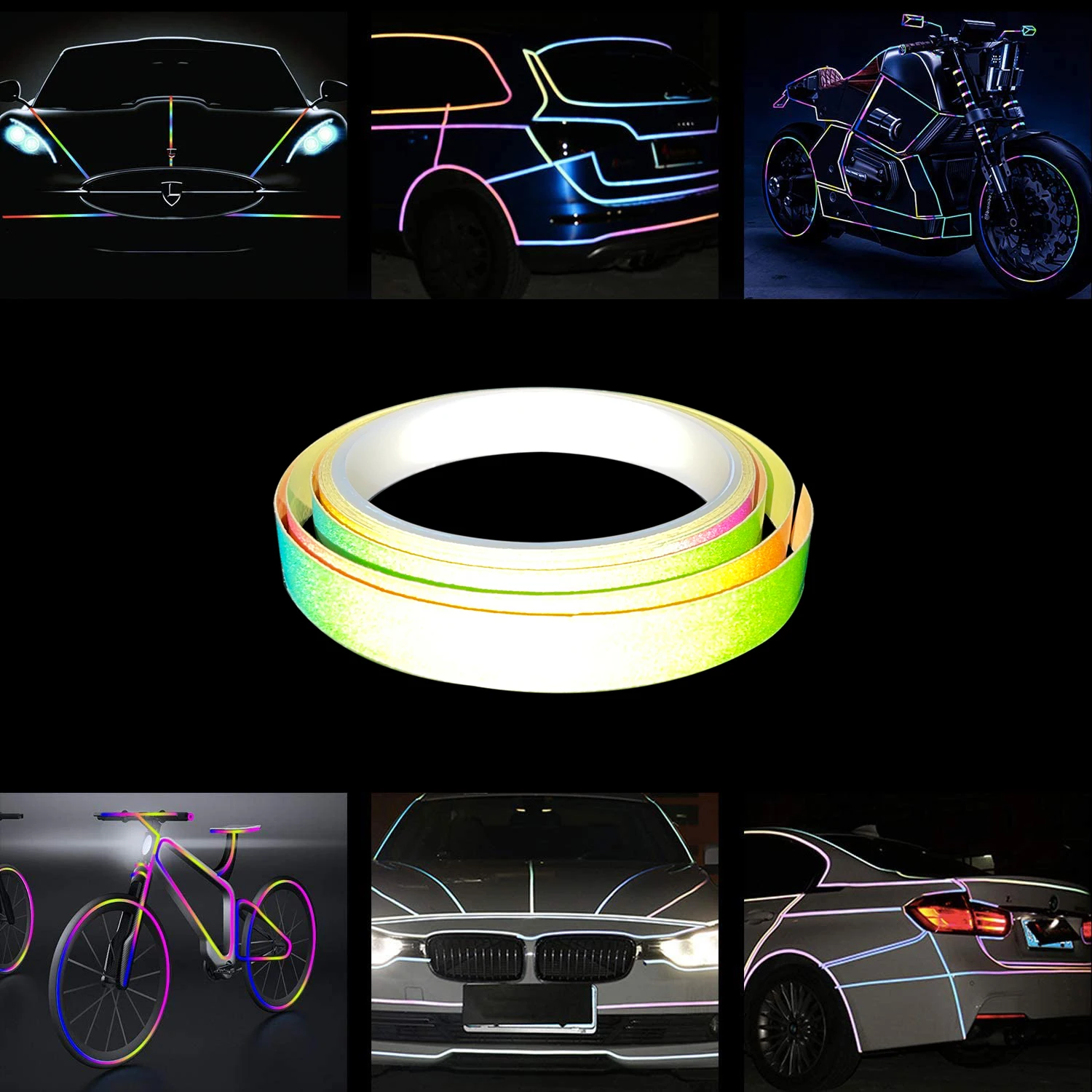 VOOFENG Rainbow PET Reflective Car Sticker Colorful Self-Adhesive Warning Tape for Car Bicycle Auto Motorcycle Road Safety