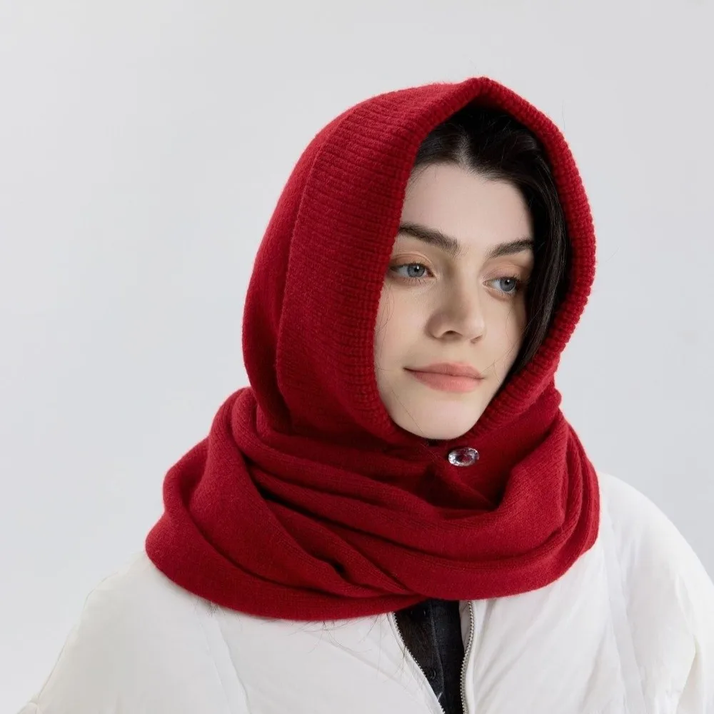 Fashion 2 in 1 Balaclava Hood Hat Scarf One-Piece Solid Color Knitted Hooded Scarf Crochet Hat Scarfs Set for Women