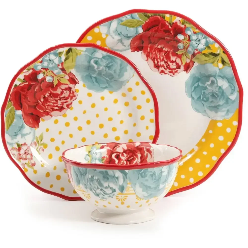 

Blossom Jubilee Scalloped 12-Piece Ceramic Dinnerware Set Floral Pattern Service 4 Microwave & Dishwasher Safe Country Casual