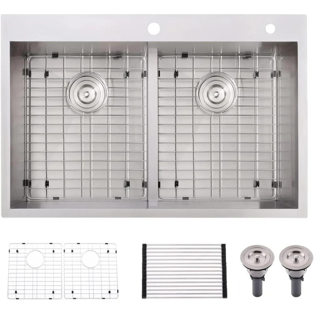 

33 Inch Drop In Kitchen Sink Double Bowl -Bokaiya 33x22 Bowl Drop In Overmount 16 Gauge Stainless Steel 50/50 Low-Divide Double