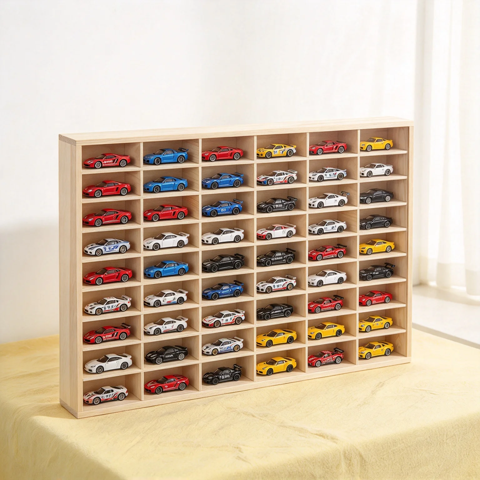 Espositore in legno per modellini di auto in scala 1:64, supporto da parete in legno con scomparti multipli, portaoggetti per veicoli giocattolo in miniatura da collezione