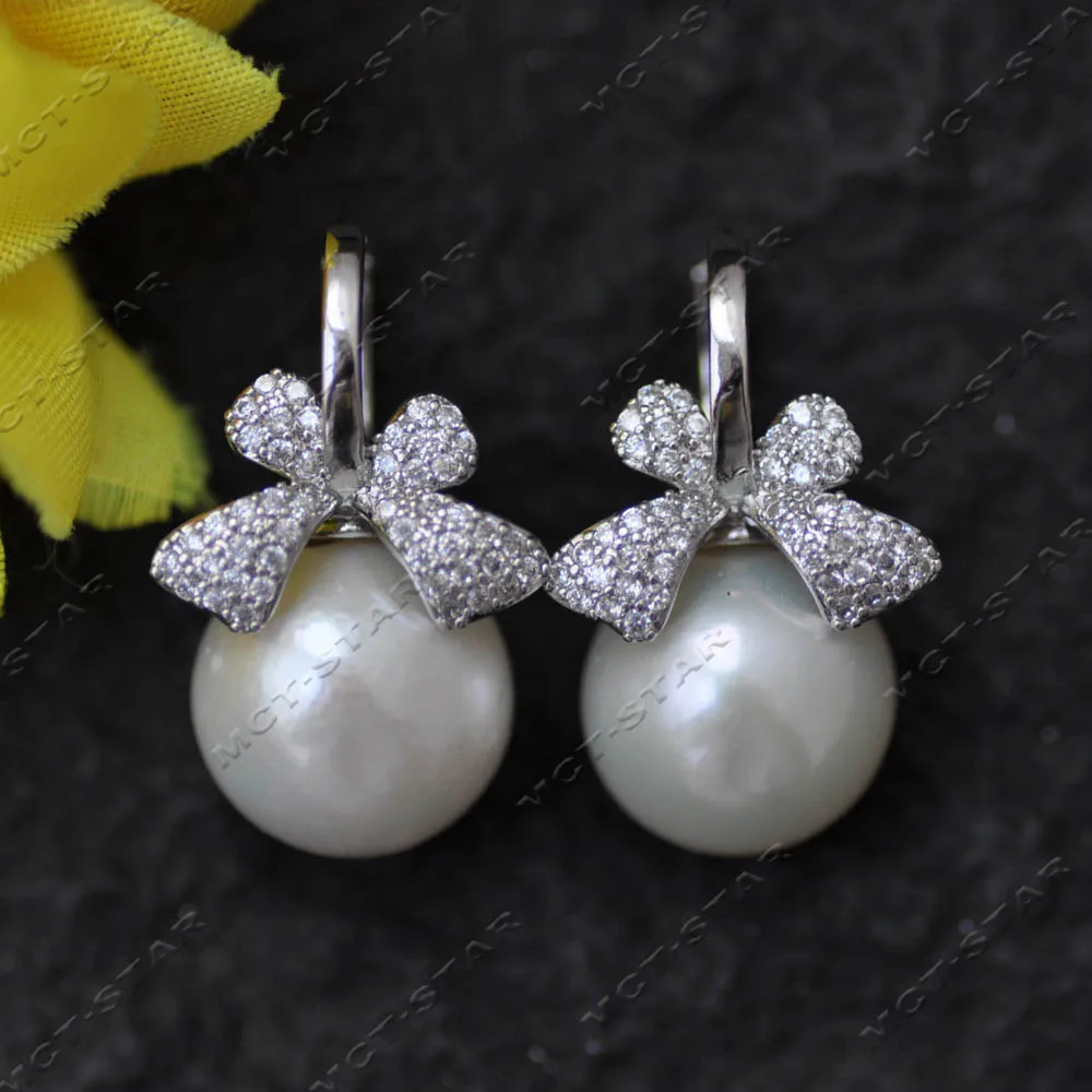 

Z14556 A+ 13mm White Round Edison Keshi Pearl All CZ Bowknot Style Earring