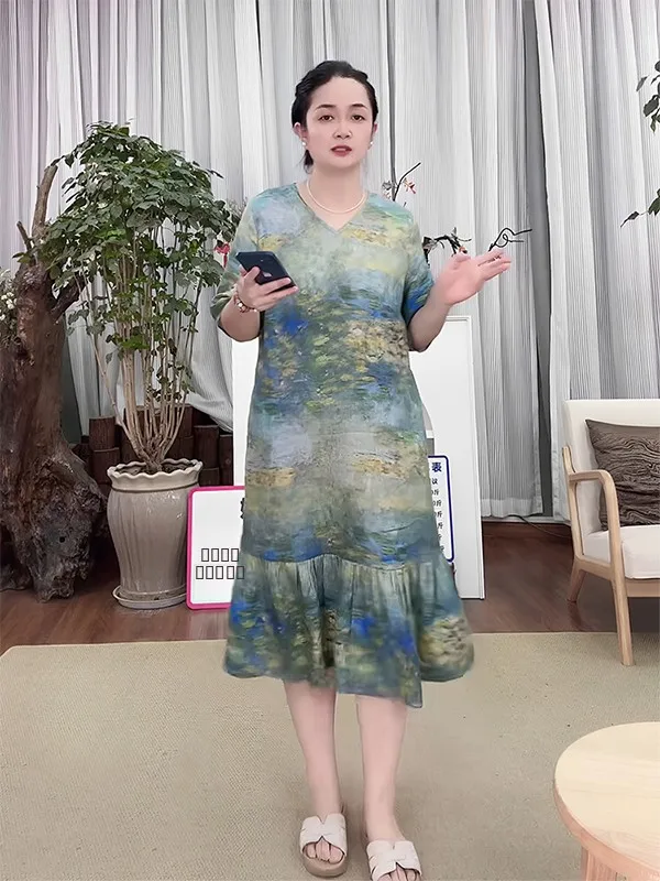 

High-End Han Hanma ort-Sve V-Ne Dr Women Summer Oil Painting Sle Fi Tail Skirt Comfortable Loose Waist Design