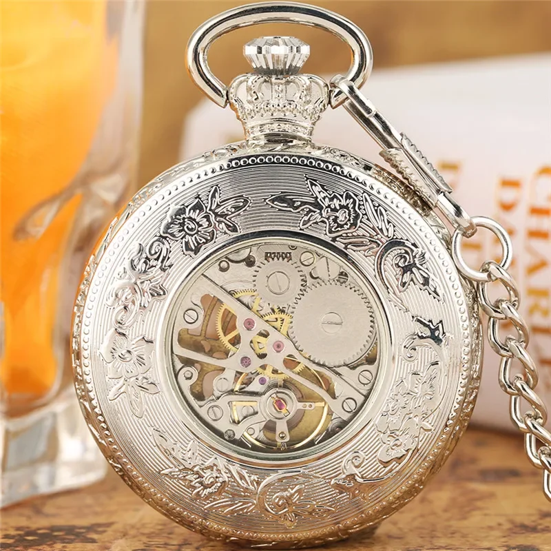 Vintage Roman Numerals Display Men Women Skeleton Mechanical Hand-Winding Pocket Watch Open Face Pendant FOB Clock Chain