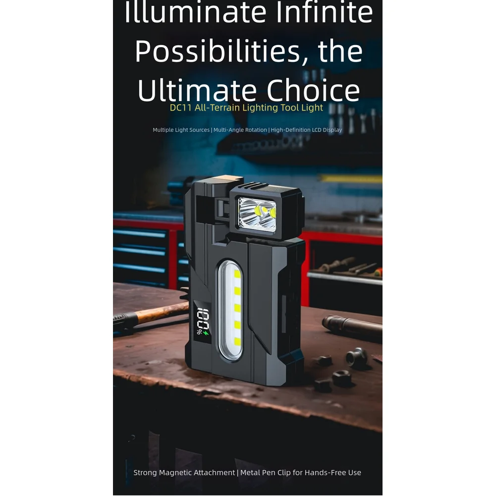Multipurpose Rotatable Magnetic Work Light Rechargeable with LCD Battery Display Dual White and Red Blue Lights 360 Degree