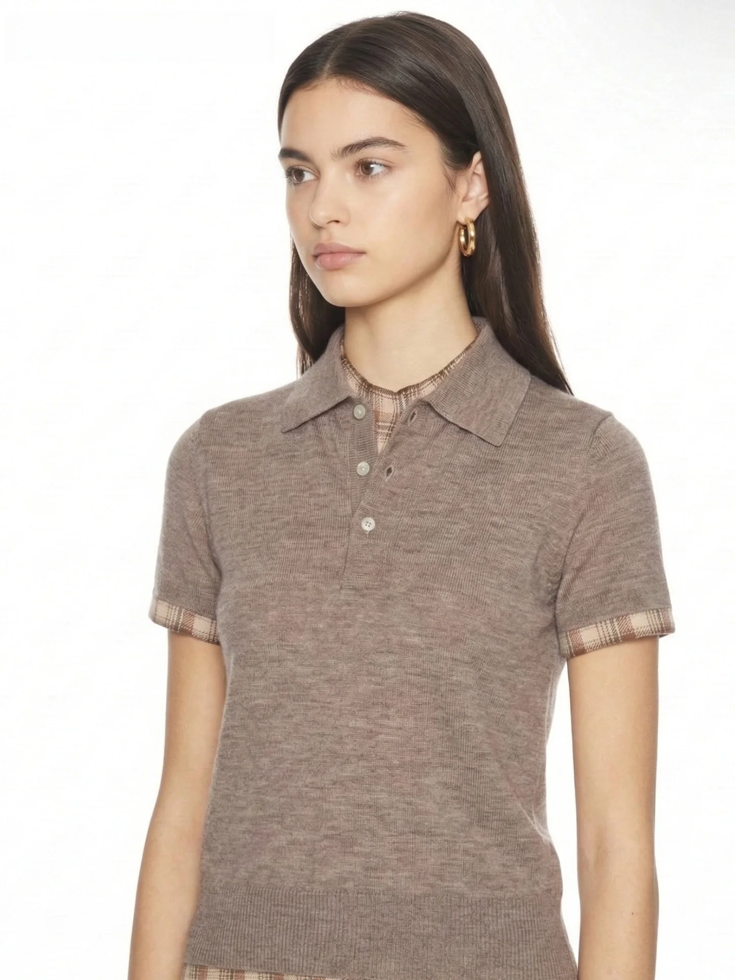 

Summer 26 Light Brown Neck Tweed Wool Knitted T-Shirt Short Sleeve Asymmetric Casual Style Women's Fashion Top