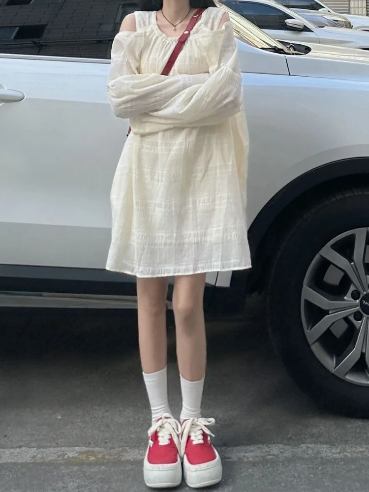 فستان نسائي بدون أكتاف مفرغ وأكمام طويلة موضة الربيع الصلبة ورقبة دائرية فساتين قصيرة حلوة للسيدات كاجوال #2