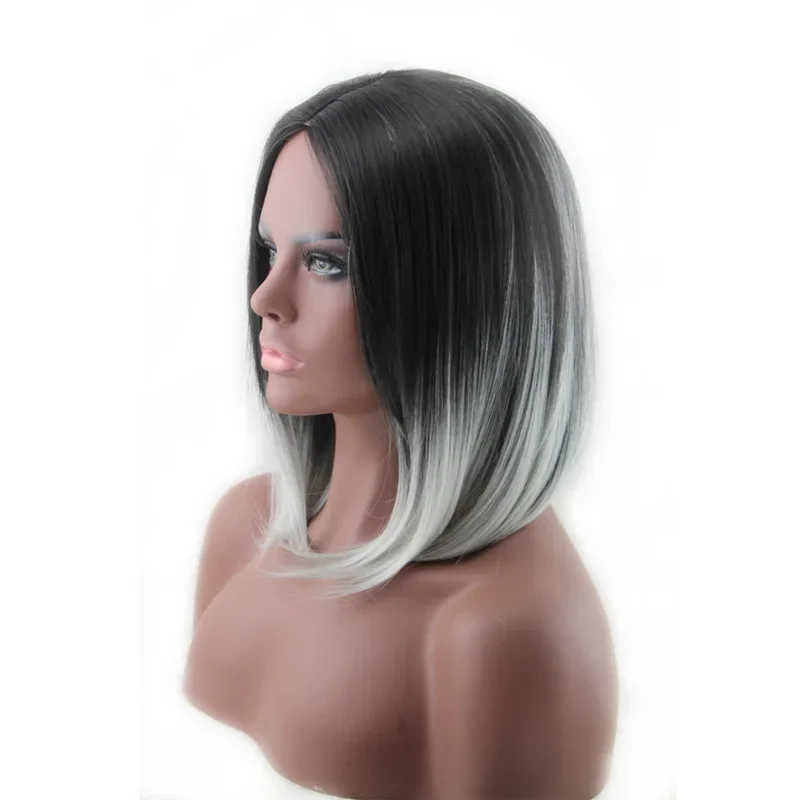 Extravagante w ombre reta bob preto cinza peruca sintética ombro comprimento médio parte cosplay festa de cabelo para mulher resistente ao calor