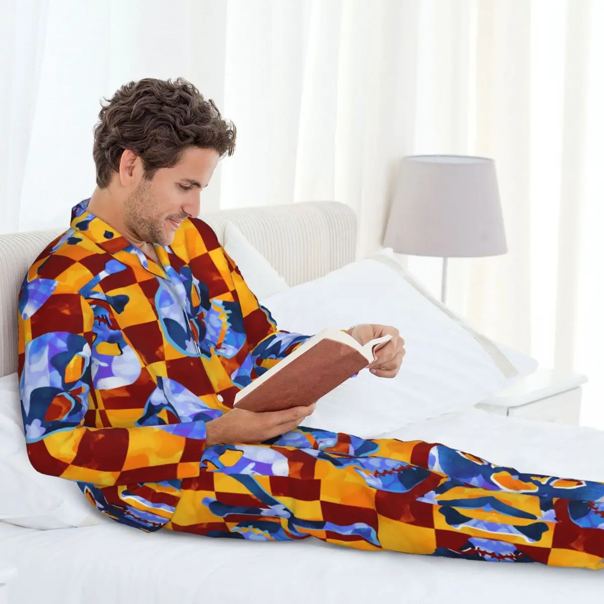 Conjunto de pijamas masculinos de outono inverno de manga comprida abstrato aquarela texturizada crânios e ossos roupas para casa pijamas 2 tamanhos