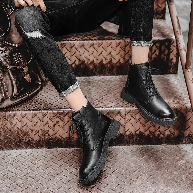 Men's Black Ankle Boots Side Zipper Genuine Leather Combat Boots Male Non-slip Fashion Motorcycle Boots Casual Work Footwear view 5