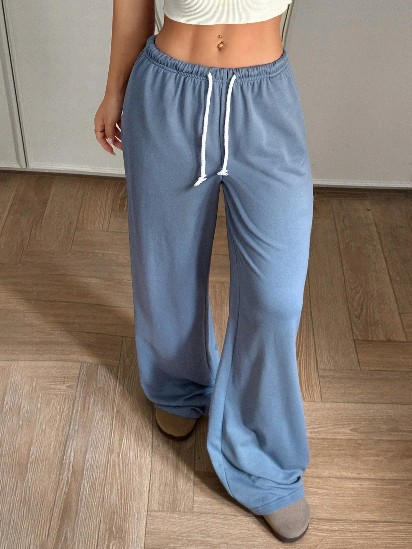 New Strap Solid Color Knitted Pants for Women 2025 Summer Female Clothing Dairy Elastic Waist Blue Loose Trousers