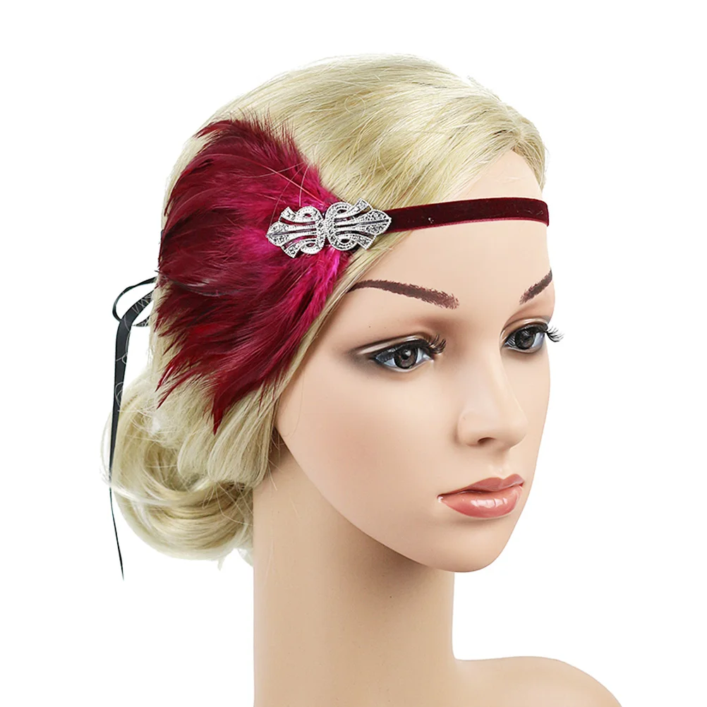 

Повязка на голову со страусиной, винно-красная повязка на голову со стразами и блестками для фотографии, повязка на голову со страусиной для свадебной вечеринки