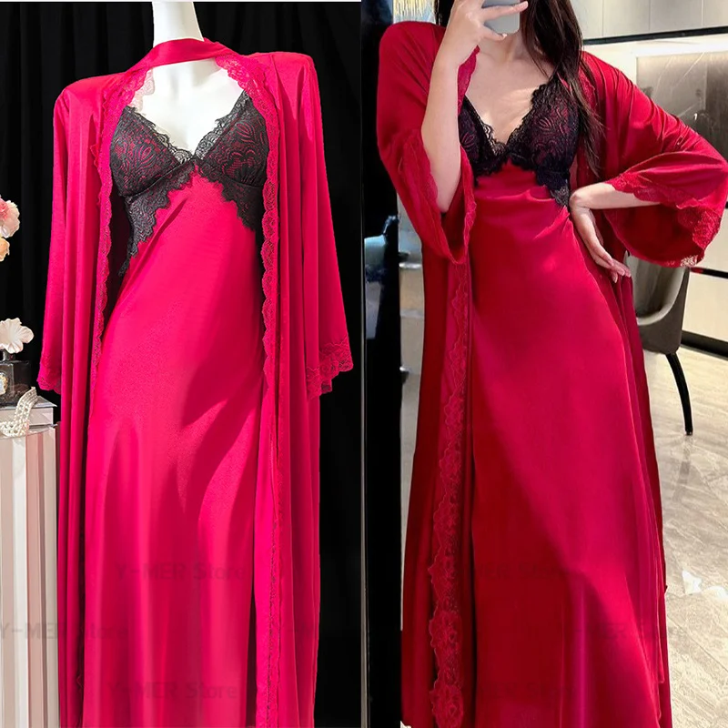 Long Ultra Ice Silk Kimono Lingerie Bride Wedding Sleepwear Dress Suit 2Pcs Robe Suit Sexy French Style Lace Trim Nightgown