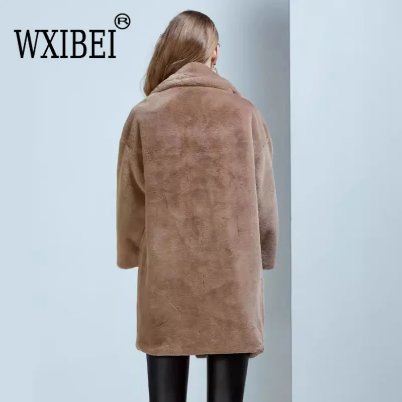 Women Faux Fur Coats Solid Cardigan Turn Down Collar Full Sleeved Jackets Loose Fit Thick Coat Pocket Ladies Winter 2024