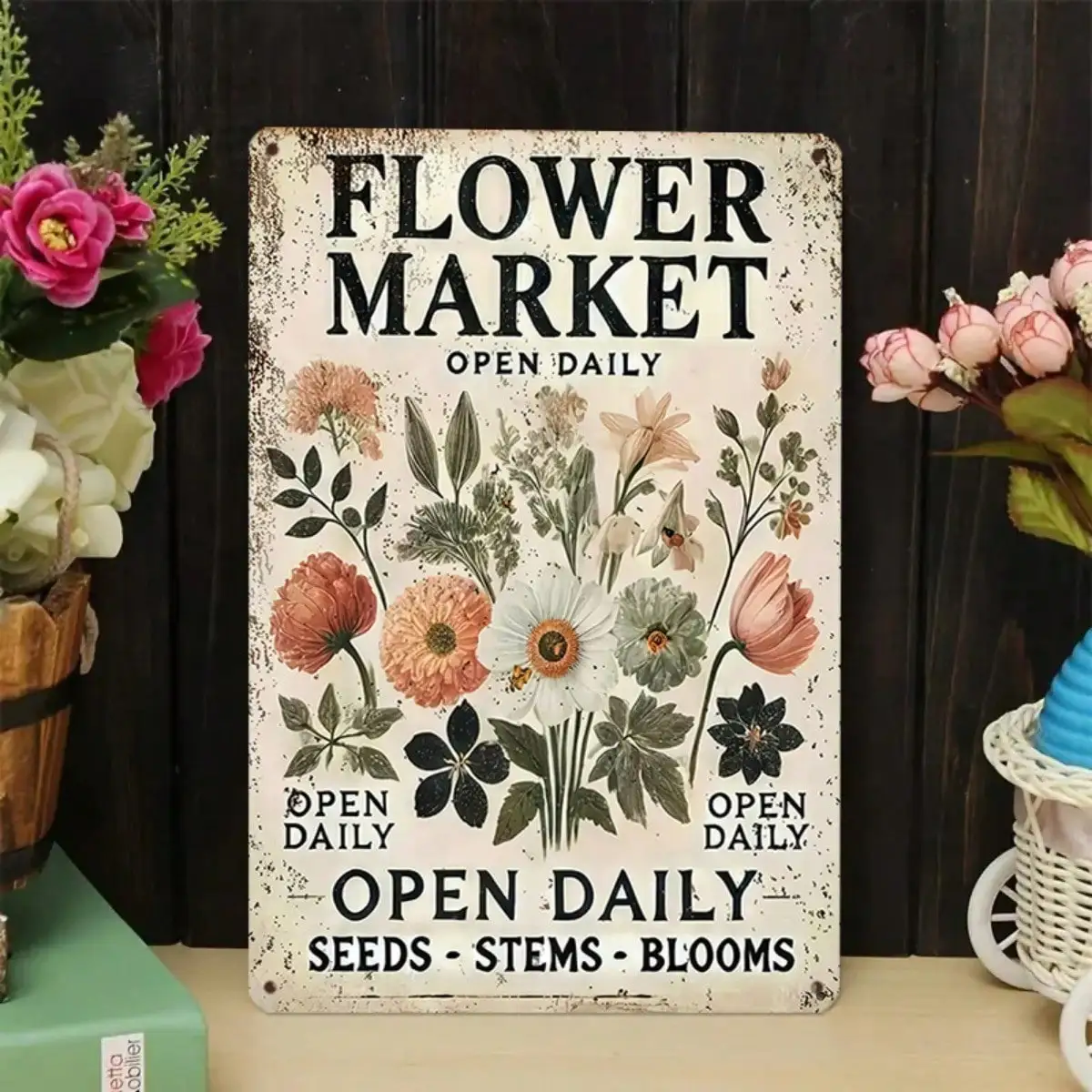 1PC Tin Sign Flower Market Open Daily - Garden/Home Decor, Vintage Botanical Art, 8x12 Inches/20x30 Cm