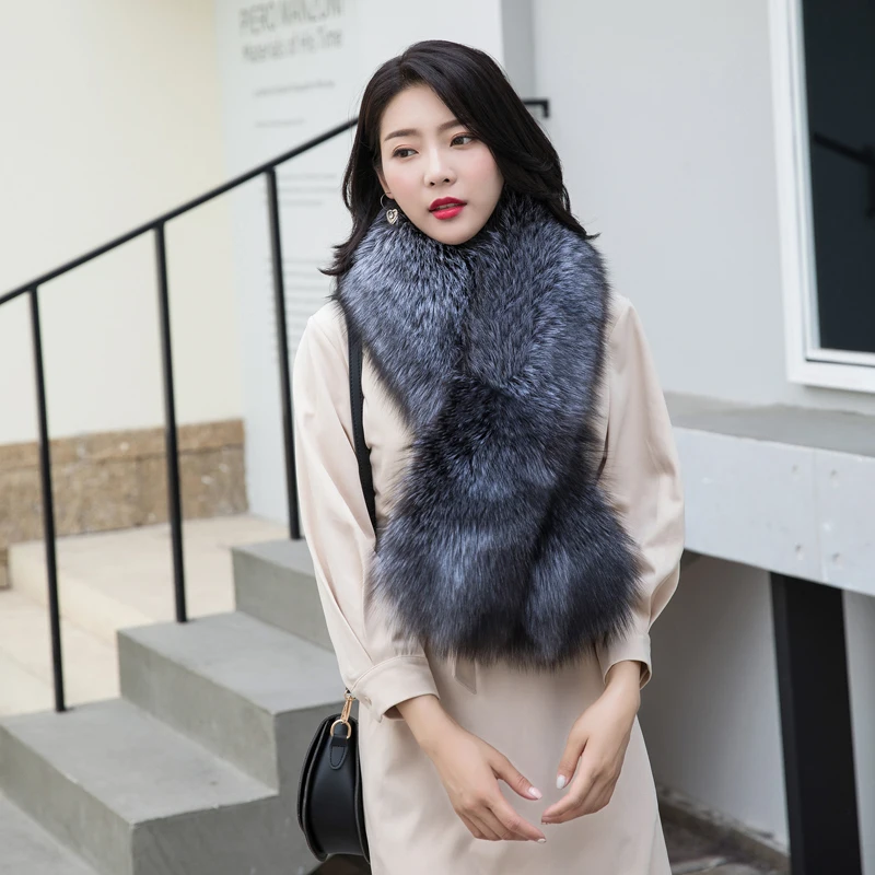 

Women's Real fox fur collar scarf Natural color silver fox scarve Fashion thickened fox fur collar scarfs fox whole skin scarves