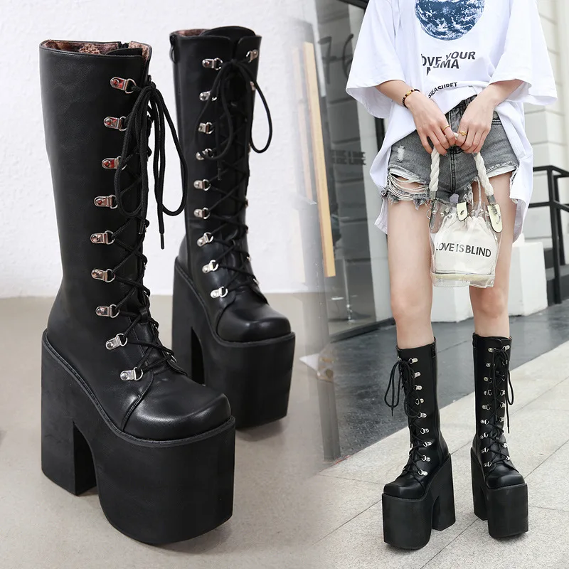 

17cm Womens Gothic Style Platform Combat Boots Buckle Front Tie Short Boots Street Slope Punk Mid Calf Boots Chunky Heels