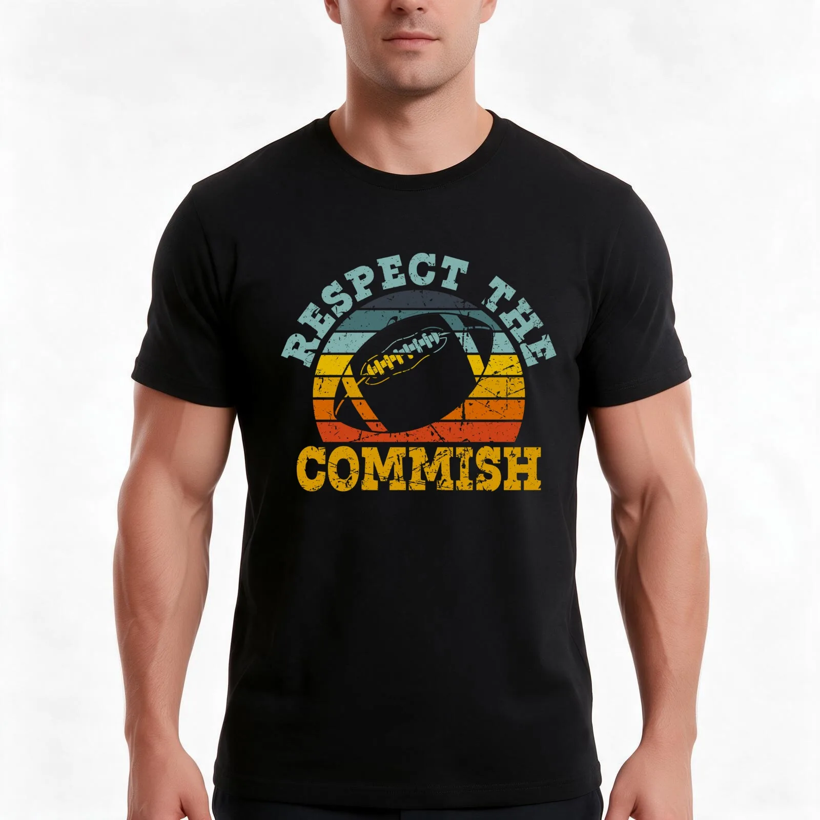 Retro Vintage Respect the Commish Fantasy Football League Commissioner T-Shirt, Summer Casual Cotton Tee, Vintage Graphic Print