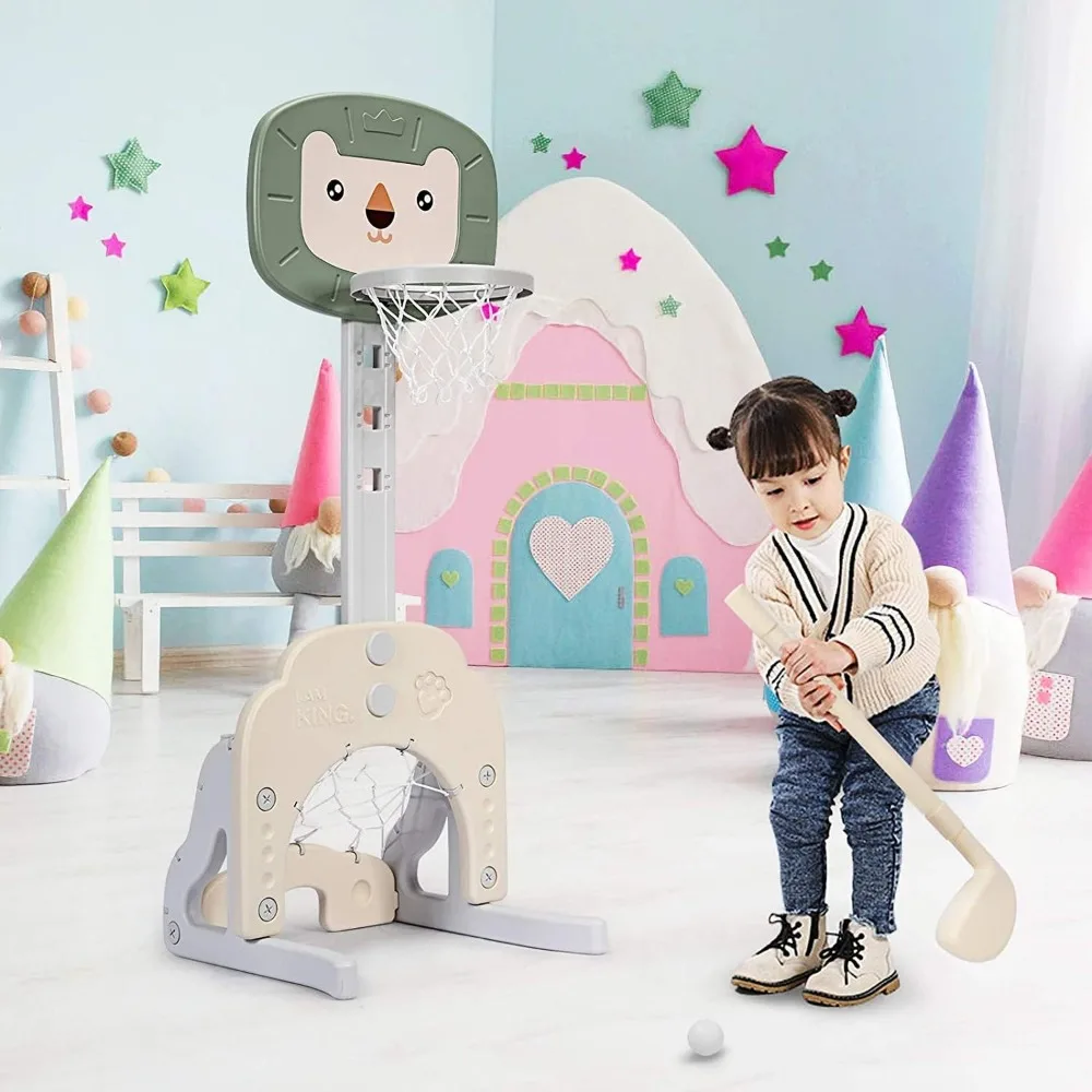 高さ調節可能な3-in-1幼児用バスケットボールフープ、サッカーとゴルフセット付き、子供用ポータブル屋内外スポーツセンター