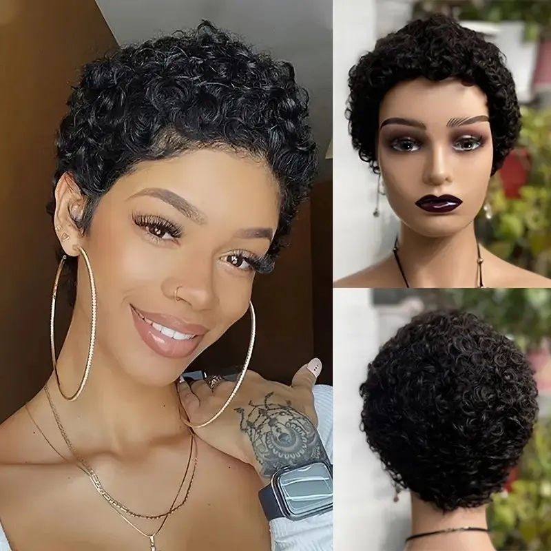 Pelucas de cabello humano rizado para mujer, Pelo Corto con corte Pixie, encaje frontal