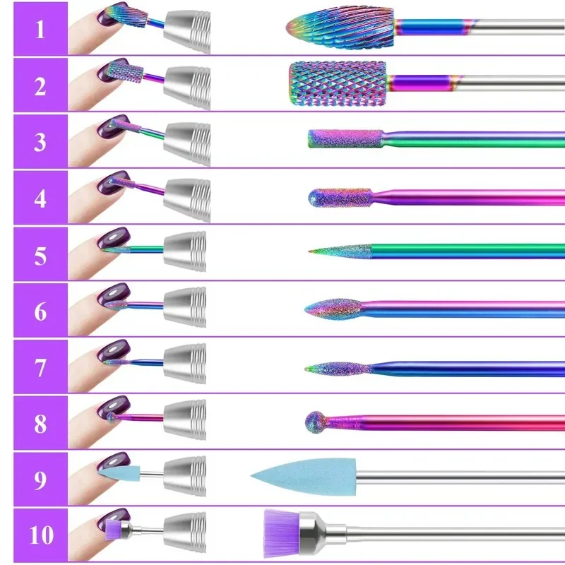 10 Pcs kit Diamond Milling Cutters Carbide Nail Drill Bits set rainbow SSFor Electric Drill Manicure Machine Accessory Tungsten