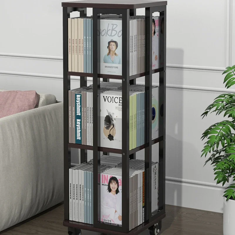 

Rotating bookshelf 360-degree wrought iron mobile bookcase multi-layer display shelf